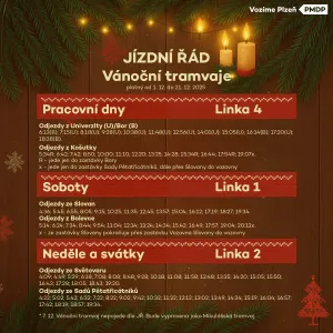 V Plzni vyjela vánoční tramvaj